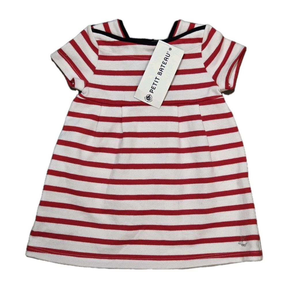Petit Bateau Baby Girls Short Sleeve Red White Blue Sailor Stripe Dress 3m NWT